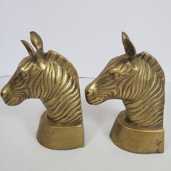 Vintage Brass Zebra Head Bookends Heavy Safari Animal Figurine Pair Mid Century - Picture 4 of 12